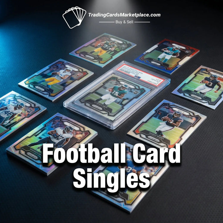A collection of vibrant, holographic football trading cards with glossy finishes and player images.
