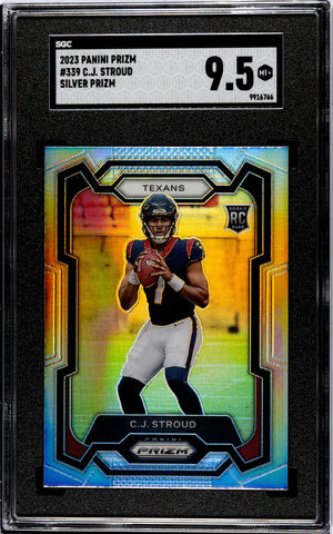 Graded Panini Prizm Silver football card in a black holder displaying a quarterback in a Bears uniform.