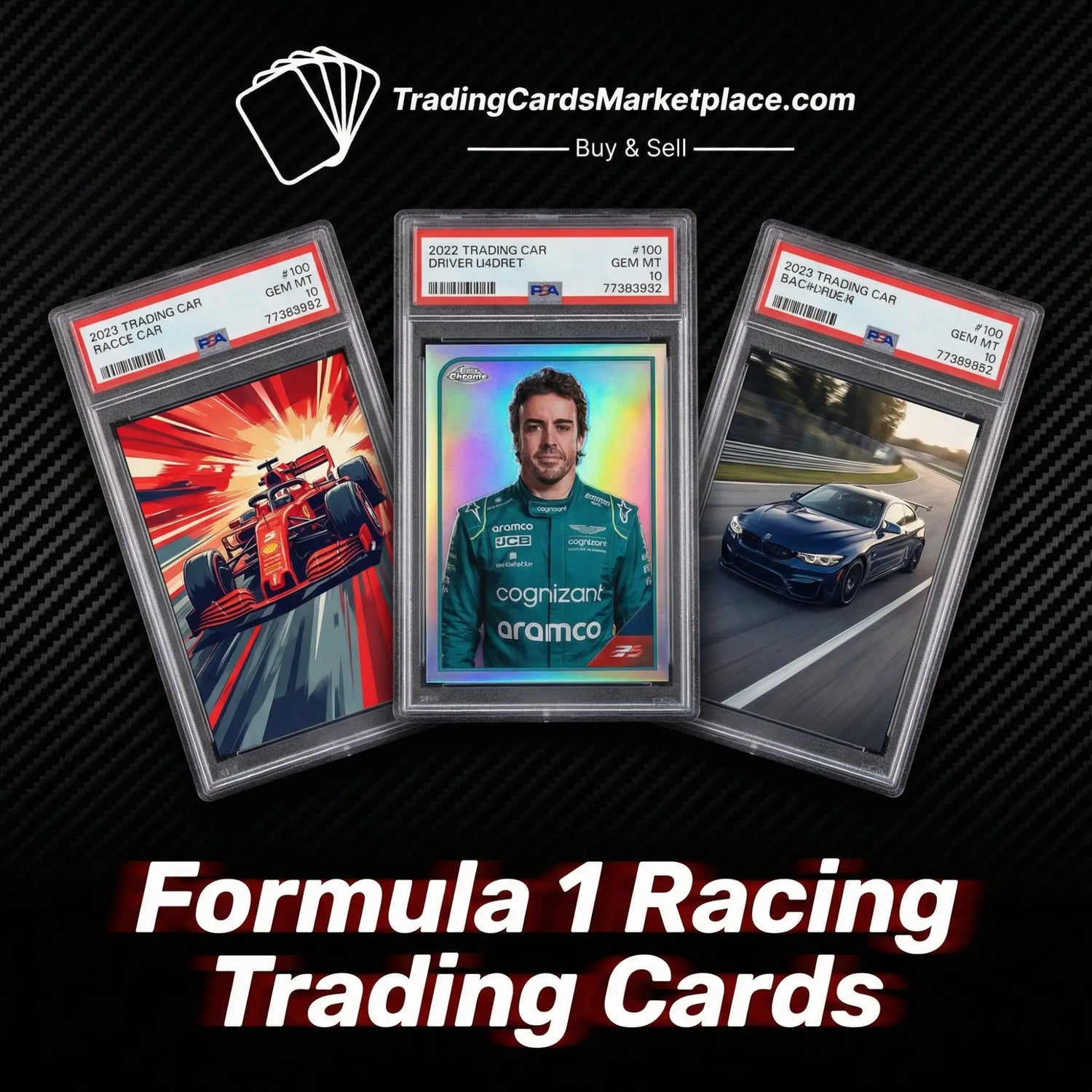 Three formula 1 trading cards encased in clear protective sleeves, featuring a vibrant red ferrari race car, a driver portrait with iridescent holographic finish and green team livery, and a sleek blue bmw m4 coupe.