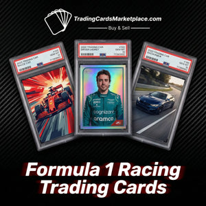 Three formula 1 trading cards encased in clear protective sleeves, featuring a vibrant red ferrari race car, a driver portrait with iridescent holographic finish and green team livery, and a sleek blue bmw m4 coupe.