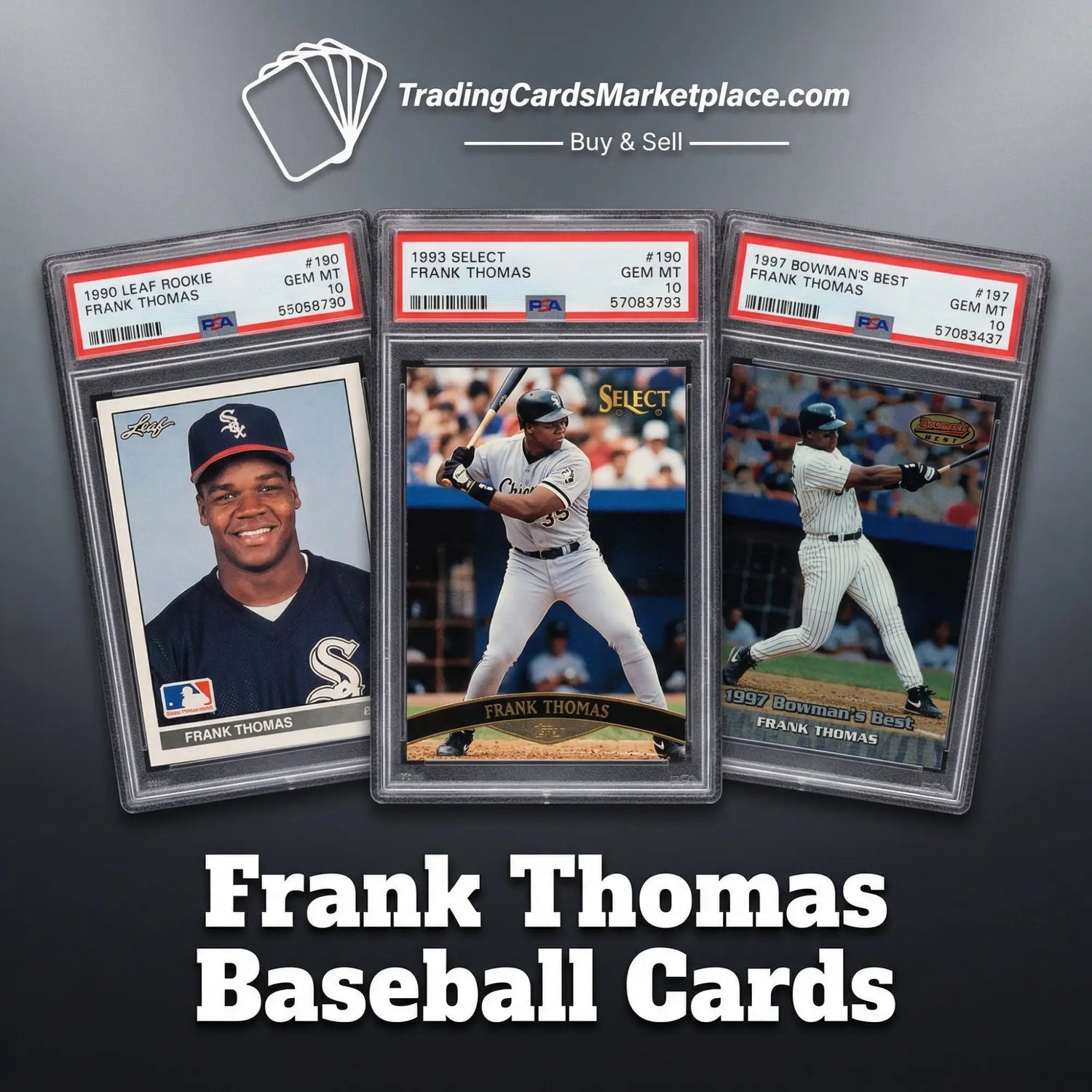 Three graded frank thomas baseball cards in clear protective cases, featuring different designs and colors from 1980 leaf rookie to 1997 bowman’s best.