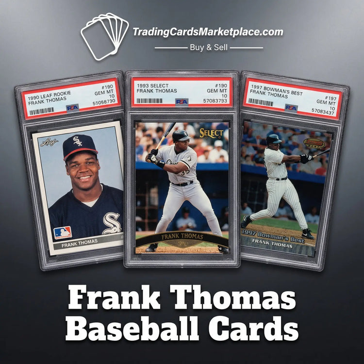 Three graded frank thomas baseball cards in clear protective cases, featuring different designs and colors from 1980 leaf rookie to 1997 bowman’s best.