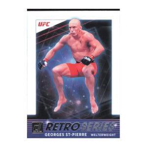 Ufc retro series trading card featuring georges st-pierre in red shorts and black gloves against a cosmic background.