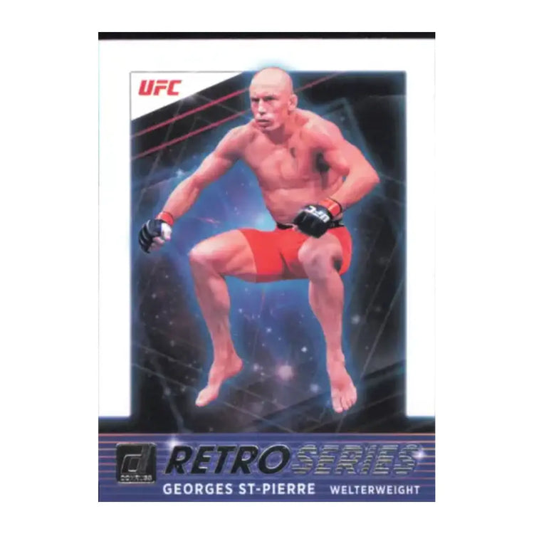 Ufc retro series trading card featuring georges st-pierre in red shorts and black gloves against a cosmic background.