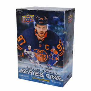 Upper deck 2024-25 hockey series one trading card box featuring a prominent image of an edmonton oilers player in his blue and orange jersey.