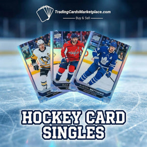 Three glossy, holographic-edged hockey trading cards featuring players in their team uniforms.