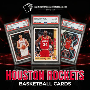 Three collectible basketball trading cards in protective psa grading slabs, featuring yao ming, hakeem olajuwon, and jalen green from the houston rockets.