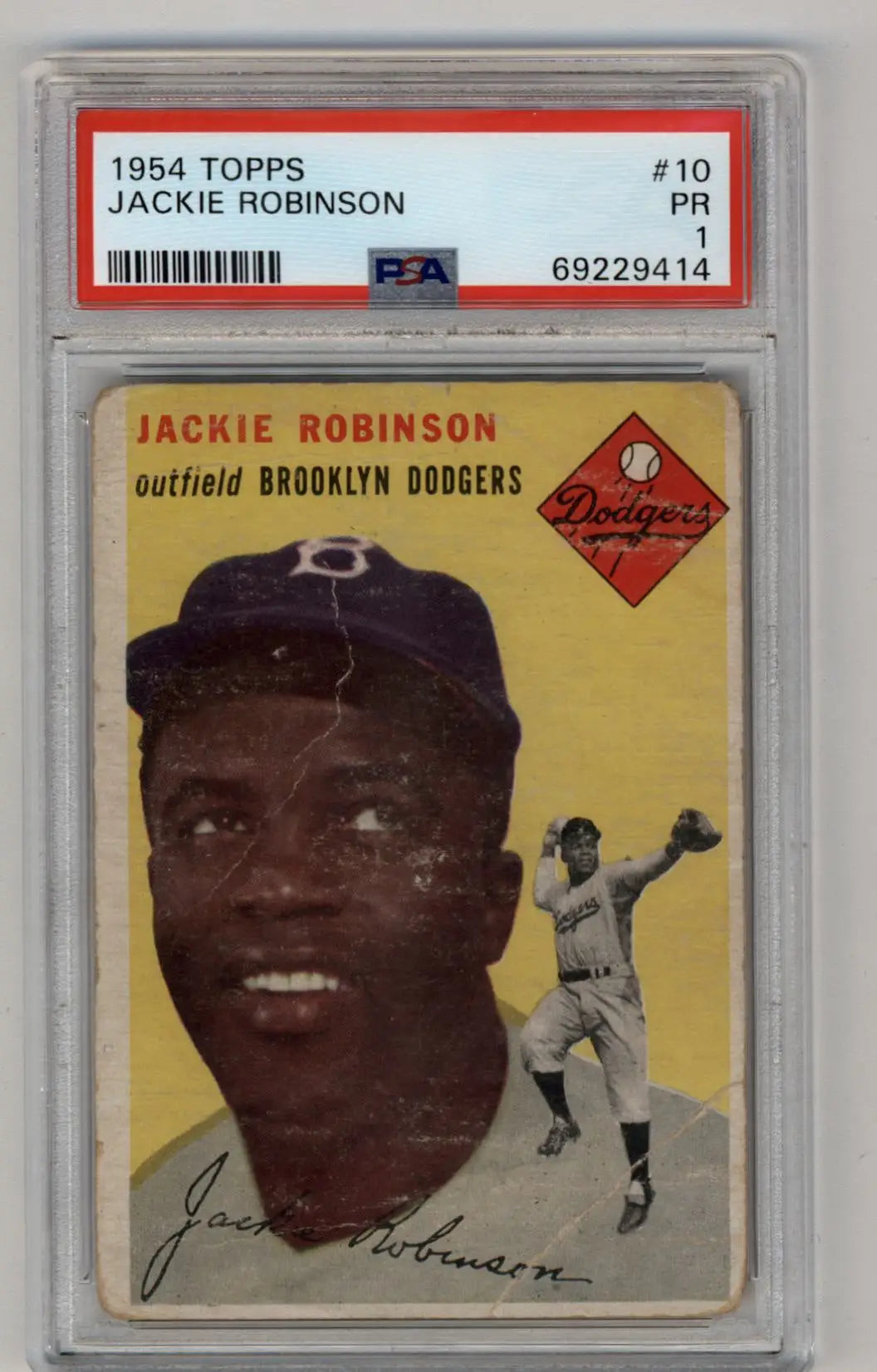 1954 topps jackie robinson baseball card, #10, in pristine condition with a yellow background and black-and-white portrait of the outfielder wearing his brooklyn dodgers cap.