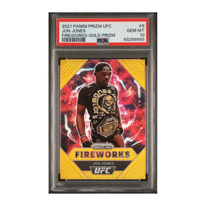 2021 panini prizm ufc jon jones fireworks-gold prizm trading card, graded gem mt 10 by psa.
