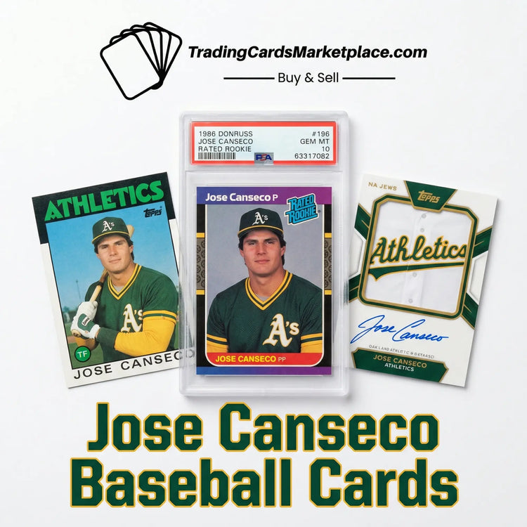 A 1986 donruss jose canseco baseball card, graded gem mt 10 by psa, featuring the player in his oakland athletics uniform with green and gold colors.
