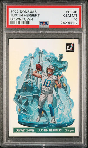 2022 donruss justin herbert downtown! Football trading card, featuring an illustrated player in a white jersey with blue accents and helmet against a stylized icy background.