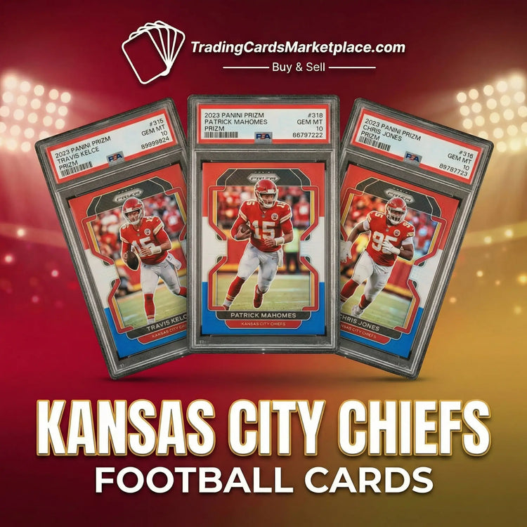 Three collectible 2023 panini prizm kansas city chiefs football cards, each encased in a protective psa grading slab with red and blue borders.