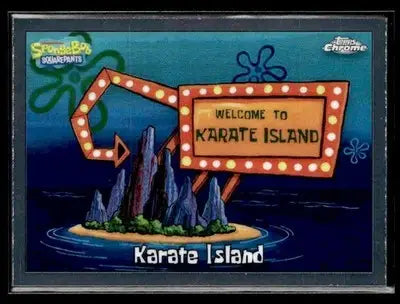 A vibrant orange and yellow ’welcome to karate island’ sign with a glowing light-up border, set against an underwater backdrop.