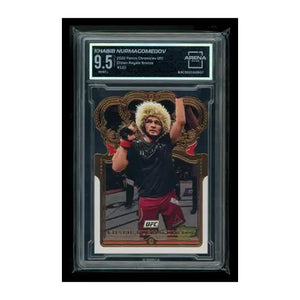 A graded 2022 panini chronicles ufc trading card featuring khabib nurmagomedov in a black shirt and red shorts, encased in clear protective packaging with gold ornate borders.