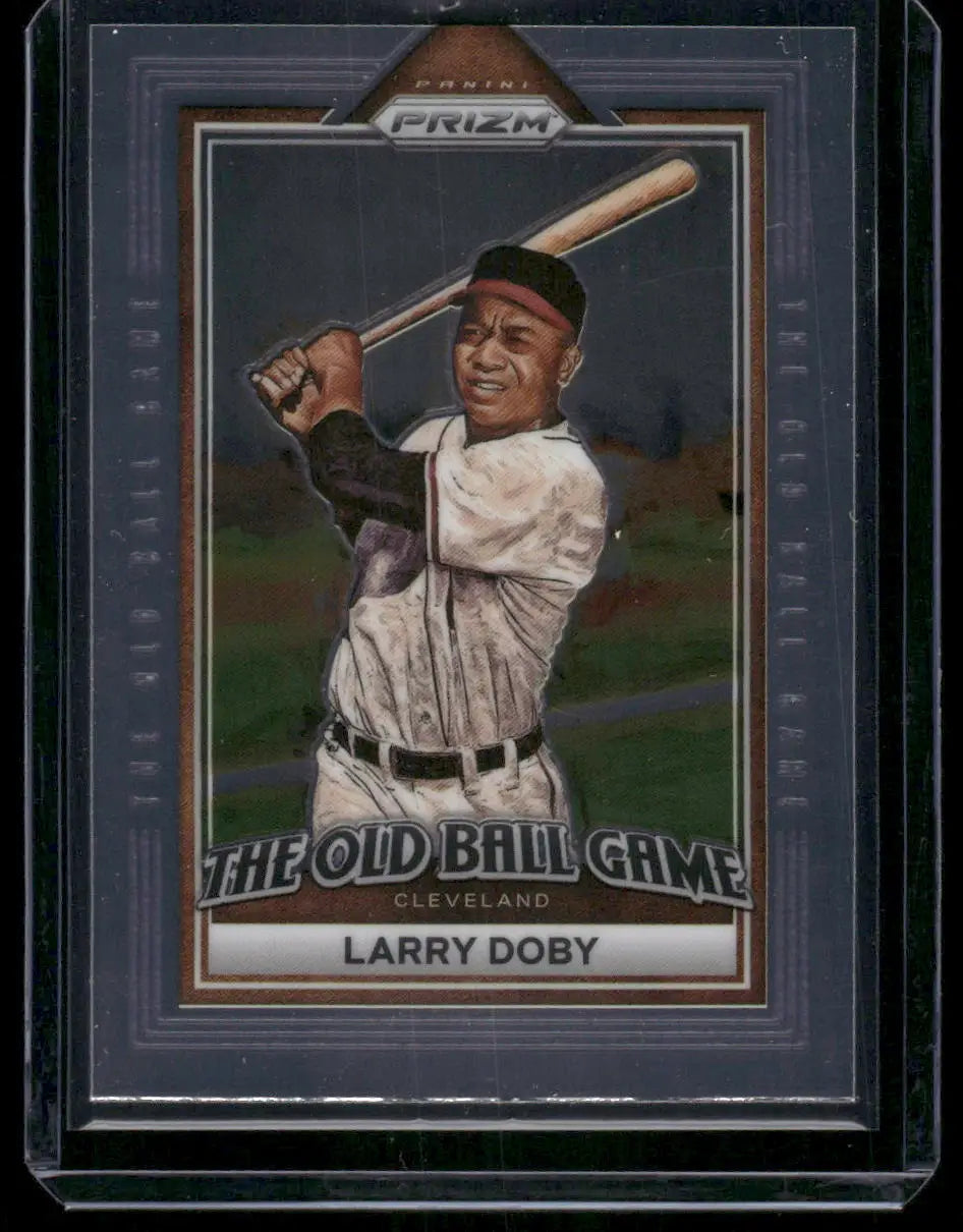 This is a dark blue, framed baseball trading card featuring larry doby in his cleveland uniform holding a bat.