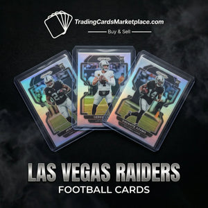 Three las vegas raiders football trading cards, each encased in a clear protective sleeve with iridescent holographic borders and black geometric framing.