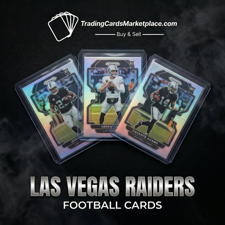 Three las vegas raiders football trading cards, each encased in a clear protective sleeve with iridescent holographic borders and black geometric framing.