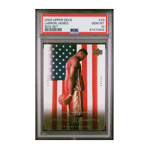 Purple and gold basketball card featuring lebron james dunking in lakers uniform.