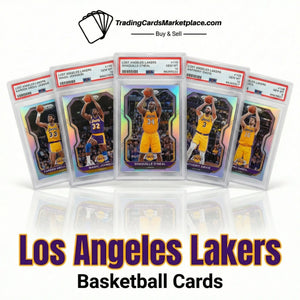 Set of five los angeles lakers basketball trading cards, each encased in a clear protective slab with iridescent holographic borders and featuring players like kareem abdul-jabbar, magic johnson, shaquille o’neal, anthony davis, and