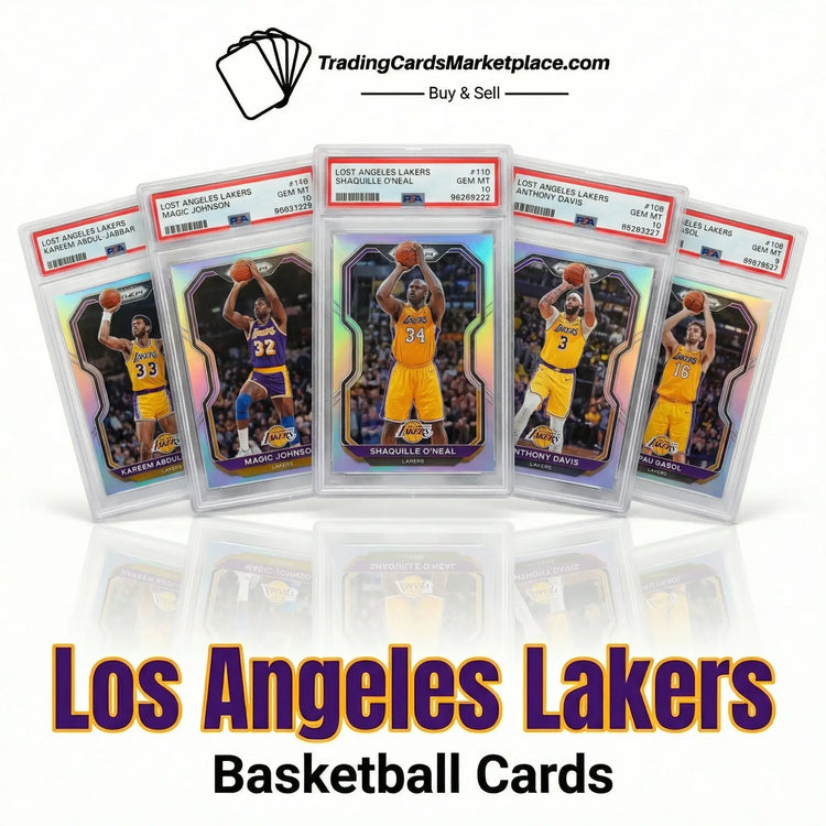 Set of five los angeles lakers basketball trading cards, each encased in a clear protective slab with iridescent holographic borders and featuring players like kareem abdul-jabbar, magic johnson, shaquille o’neal, anthony davis, and