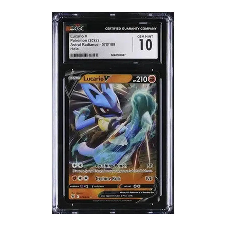 2022 pokemon lucario v astral radiance card, featuring a gem mint 10 rating.