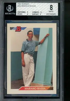 Graded Mariano Rivera baseball card from 1992 Bowman Mariano Rivera RC #302 BGS 8