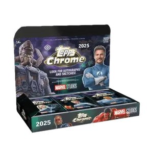 2025 topps chrome marvel studios trading card box featuring superhero characters on a dark purple and black design.