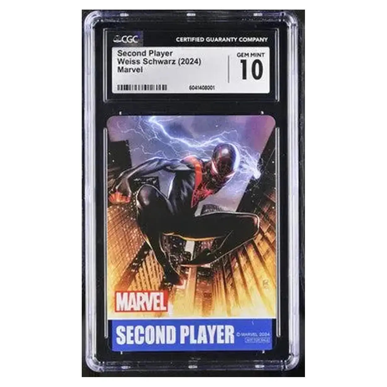 Marvel second player comic card featuring a black and red spider-man in dynamic pose against a cityscape with lightning, encased in a cgc gem mint 10 protective slab.
