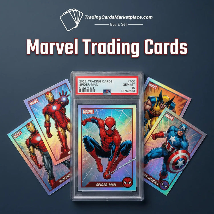 A spider-man trading card in a clear protective case, featuring vibrant red and blue colors with holographic iridescent edges.