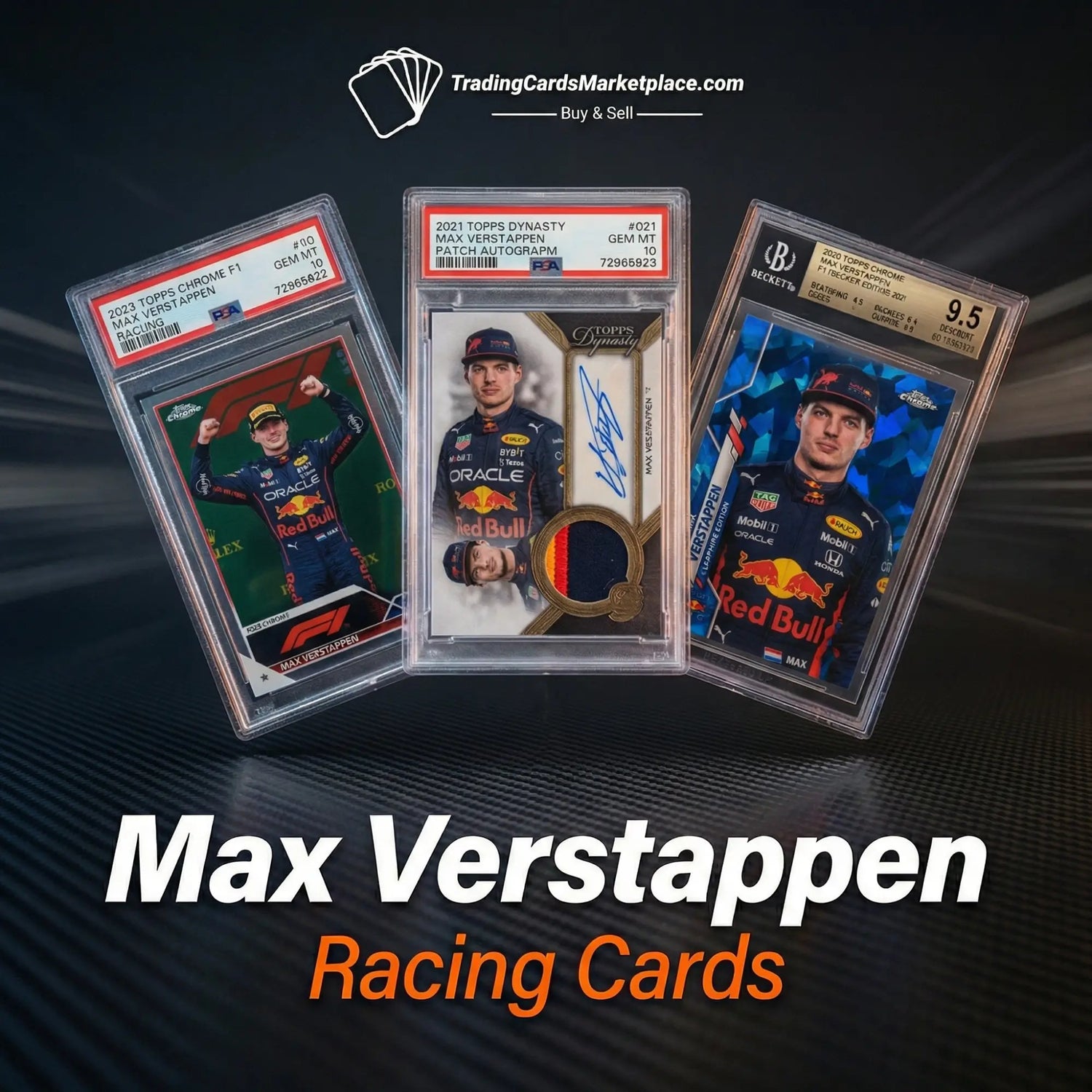 Three collectible max verstappen racing cards, each encased in a clear protective slab with grading labels from psa and beckett.