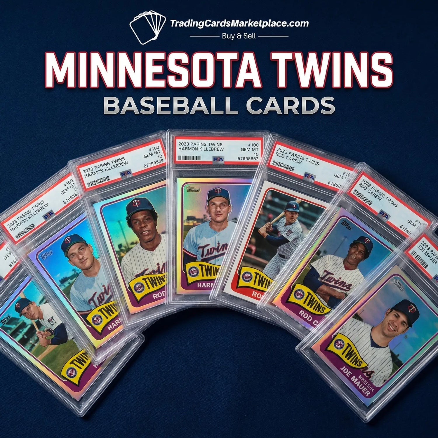 Minnesota twins baseball cards featuring players in white and navy uniforms with red accents, displayed against a backdrop of confetti.