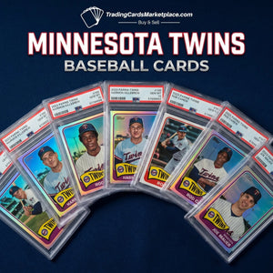 Minnesota twins baseball cards featuring players in white and navy uniforms with red accents, displayed against a backdrop of confetti.