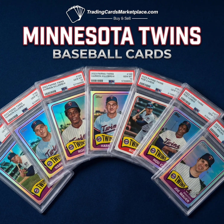 Minnesota twins baseball cards featuring players in white and navy uniforms with red accents, displayed against a backdrop of confetti.