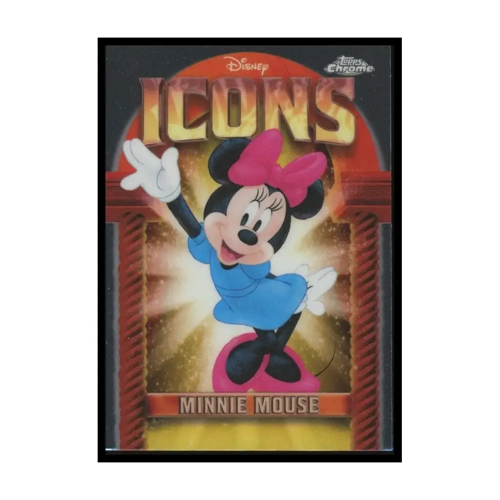 A vibrant disney minnie mouse trading card featuring the character in a blue dress and pink bow, set against a fiery orange and gold background with ’icons’ lettering above.