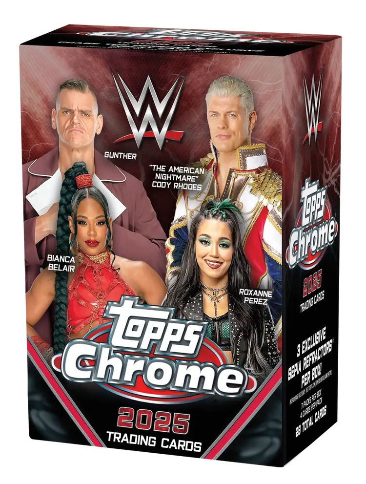 2025 Topps Chrome WWE Blaster Box featuring Topps Chrome WWE trading cards