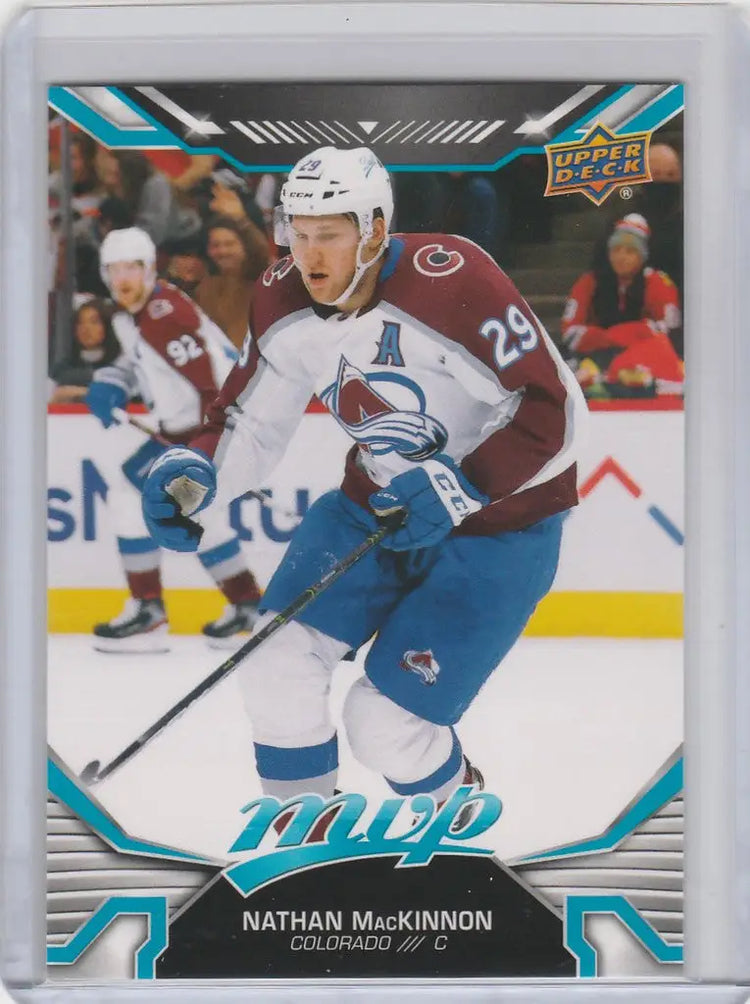 Nathan mackinnon colorado avalanche hockey trading card in a clear protective sleeve.
