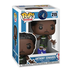 Funko pop! Basketball figure of anthony edwards in a minnesota timberwolves jersey, featuring detailed facial features and vibrant colors.
