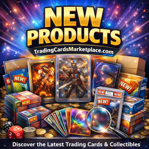 Vibrant, glossy trading card packs with bold ’new!’ labels and fantasy-themed artwork displayed prominently against a cosmic background.