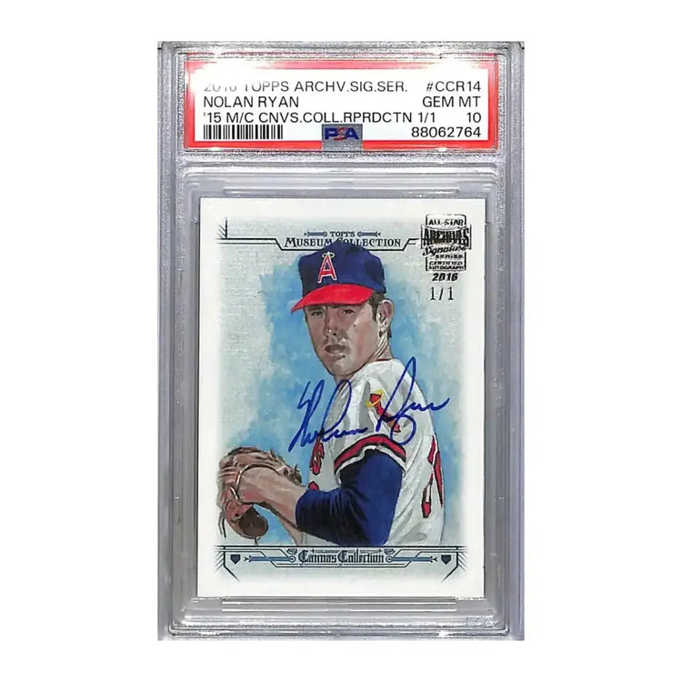 Nolan ryan p baseball card with texas rangers logo and glove.