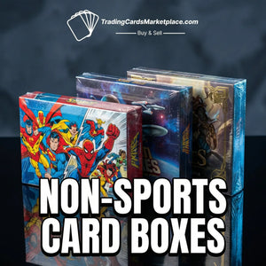 Three colorful, glossy cardboard boxes wrapped in clear plastic, featuring vibrant comic book artwork with superheroes like spider-man and the justice league.