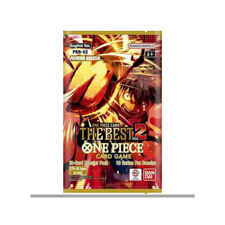 Vibrant red and gold packaging for the one piece card game: the best 2 vol.1 premium booster pack, featuring an illustrated character with dynamic motion lines against a fiery background.