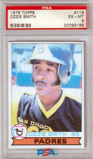 PSA-graded 1979 Topps Ozzie Smith RC Rookie baseball card in protective case from Columbia Hobby