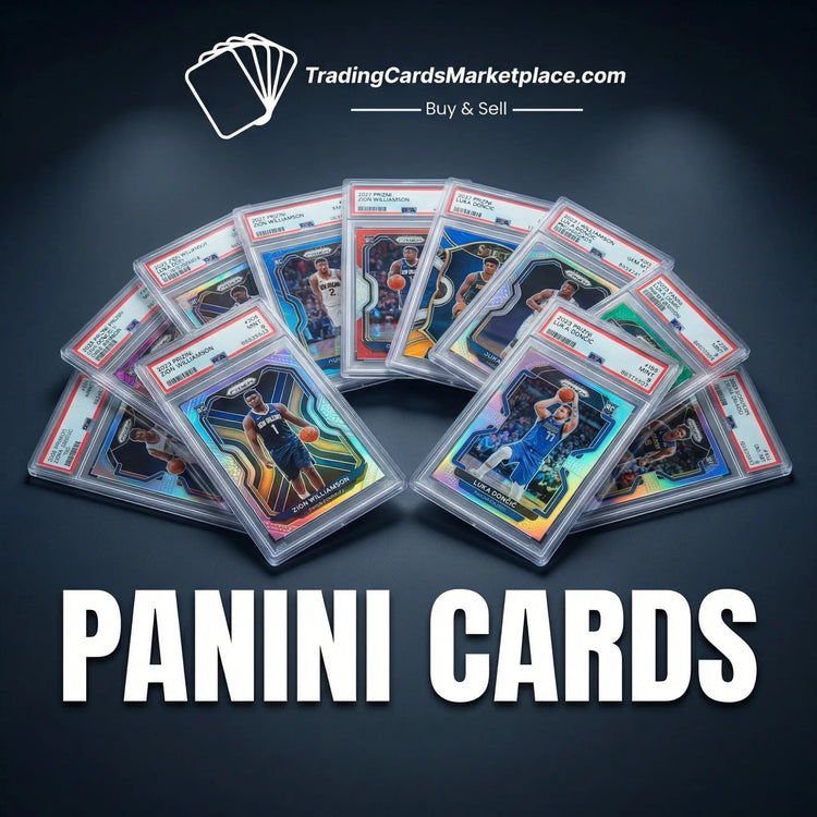 A collection of vibrant, holographic panini trading cards featuring basketball players in dynamic poses.