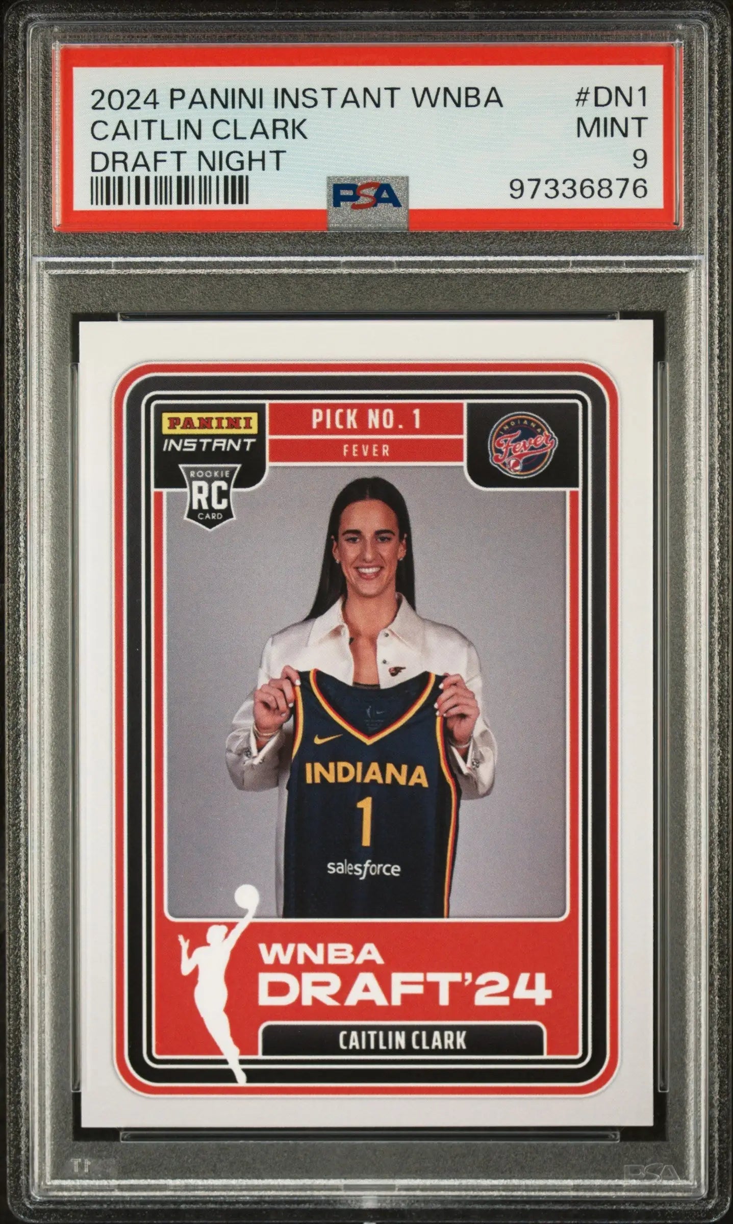 PSA-graded Caitlin Clark 2024 Panini Instant WNBA Draft Night rookie card holding jersey