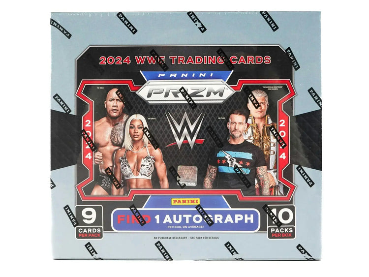 2024 Panini Prizm WWE trading card box featuring exclusive autograph and Prizm WWE Wrestling cards