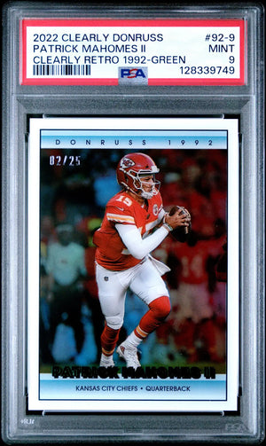 This is a 2022 clearly donruss patrick mahomes ii football trading card, featuring the kansas city chiefs quarterback in his red and white uniform with helmet, graded mint 9 by psa.