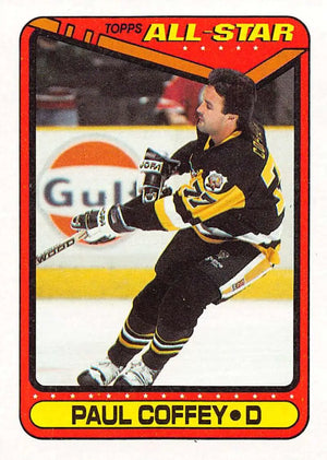 Black and yellow hockey jersey with black gloves, worn by paul coffey in an all-star game.