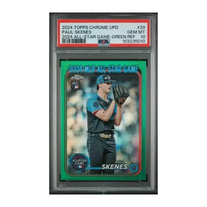 Baseball card with paul skenes, pittsburgh pirates player in white uniform and black cap.