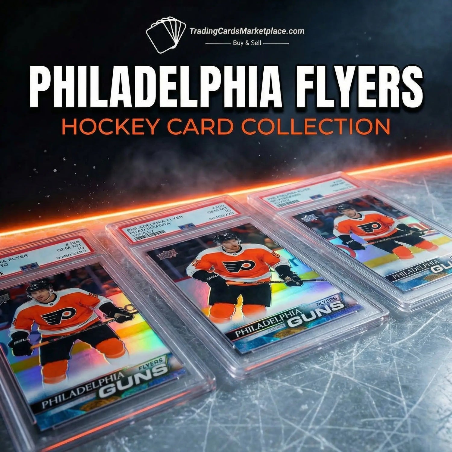 Philadelphia flyers hockey cards in clear protective cases with holographic, iridescent finishes.