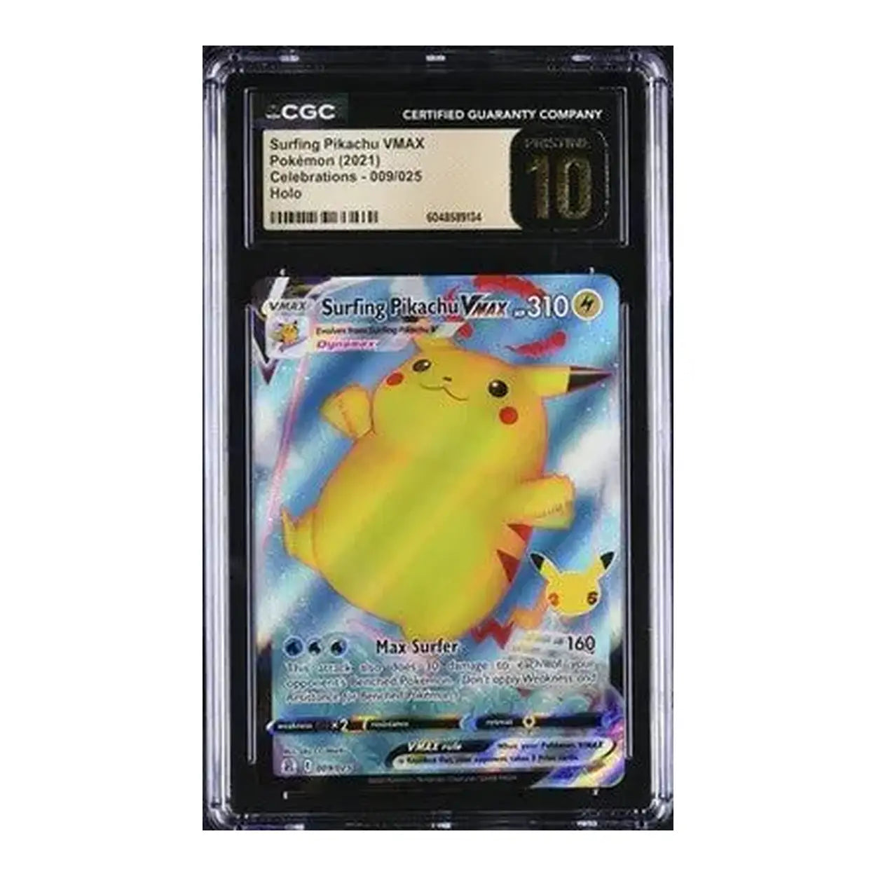 Surfing pikachu vmax pokémon card, featuring a yellow and white design with electric symbols.